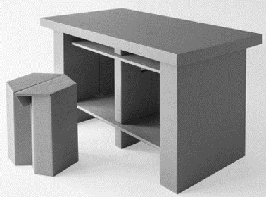 Grauer einfacher Arbeitstisch mit zwei passenden Hockern, schlichtes modernes Design